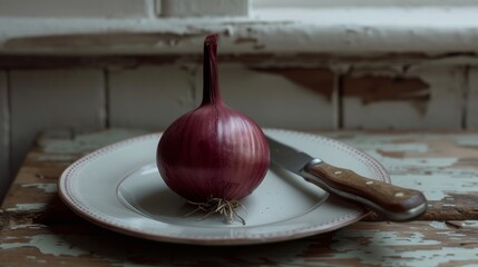 Wall Mural - Red onion on a rustic wooden table with vintage cutlery