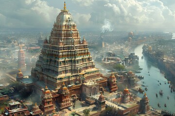 Wall Mural - Ultra Detailed Fantasy Palace Spire Soaring Over River City in Incredible View: Enchanted Citadel Horizon