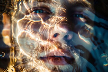 Fototapete - This image captures an abstract view of light reflections on water, creating a serene and artistic visual with warm and cool tones