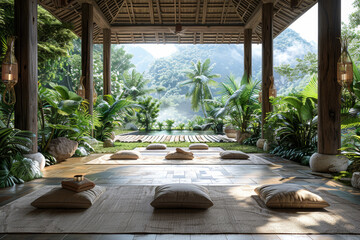 Canvas Print - A tranquil yoga retreat surrounded by lush tropical gardens, offering rejuvenating practices and holistic wellness. Concept of mindful relaxation and self-discovery. Generative Ai.