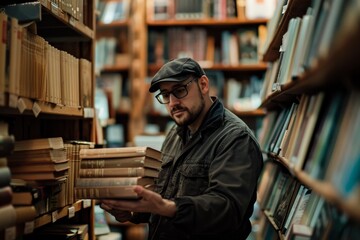 Poster - A person carrying a pile of hardcover books among bookshelves in a library setting, selecting literature to read