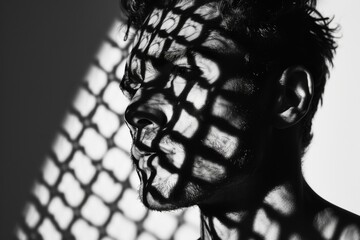 Poster - Monochromatic image depicting a man with a patterned shadow cast across his face, suggesting intrigue and artistry