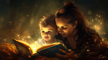 A mother and child sitting together, engrossed in reading a book