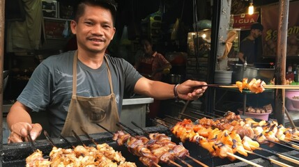 Wall Mural - Focus selection: Thai street food options, including grilled pork vendors