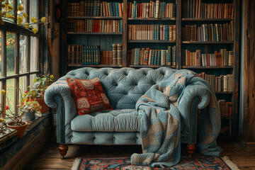 Canvas Print - A cozy reading nook with a plush armchair and shelves lined with books, providing a sanctuary for literary escapes. Concept of relaxation and intellectual pursuits. Generative Ai.