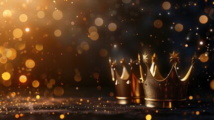 Three gold shiny crowns on festive background. Three Kings day or Epiphany day holiday celebration night background 