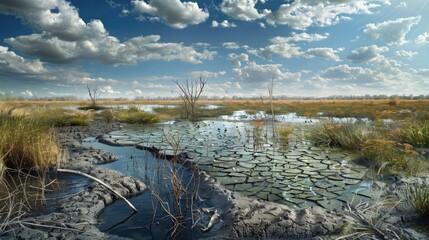 Wall Mural - A landscape with dried-up wetlands and no wildlife, and a restored wetland with diverse plant and animal life.