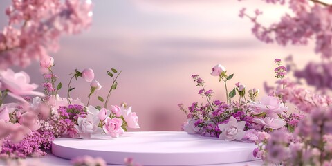 Wall Mural - Podium background flower rose product pink 3d spring table beauty stand display nature white. Garden rose floral summer background podium cosmetic valentine easter field scene gift purple day romantic