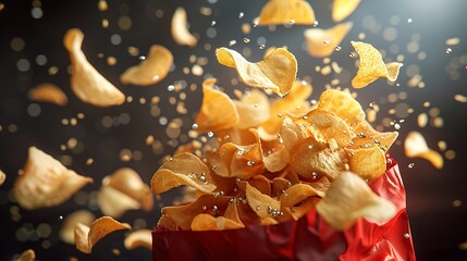 A bag of realistic potato chips with potato chips flying out, along with shattered chips