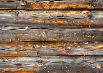 Wall Mural - A close up of a log wall with rusty paint.