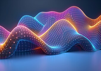 Wall Mural - Colorful Abstract 3D Digital Waveform With Illuminated Points and Lines Against a Dark Background Representing Data Visualization Concept