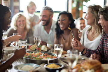 Poster - A group of individuals sharing laughter and memories over a steaming potluck dinner. Concept of camaraderie and friendship. Generative Ai.