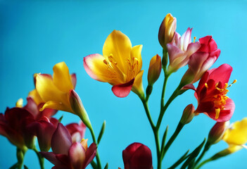 'colors (Iridaceae modern bright freesia buds Shallow yellow combination red blossom flower background Close trend light Ixioideae) blue Fresh pink color depth fashion beautiful Flower Nature Art'