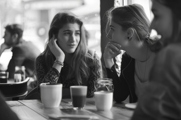 Poster - Friends engrossed in a lively debate at a cozy café, hands gesturing animatedly as they discuss diverse viewpoints. Concept of intellectual exchange and discourse. Generative Ai.
