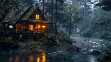 Wall Mural - A cabin in the woods with a river flowing by.