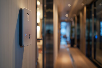 Poster - A sleek keycard reader mounted on the wall beside each hotel room door, granting access to guests with a simple swipe. Concept of modern convenience and security. Generative Ai.