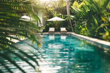 Sticker - A serene swimming pool surrounded by lush tropical foliage, inviting guests to take a refreshing dip or lounge poolside with a cool drink. Concept of aquatic relaxation and leisure. Generative Ai.