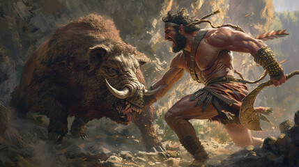 Canvas Print - Illustration about the myth of Hercules and the Erymanthus boar.