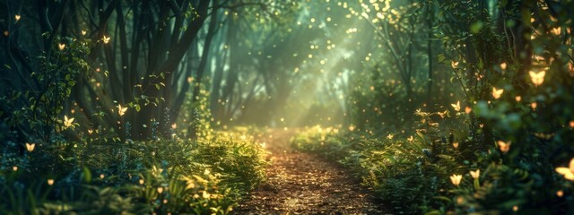 Wall Mural - A mystical, enchanted forest path background with glowing plants and magical light.