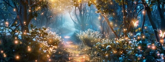 Wall Mural - A mystical, enchanted forest path background with glowing plants and magical light.