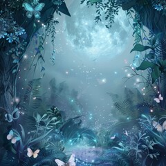 Poster - A mystical, moonlit forest background with glowing plants and magical creatures.