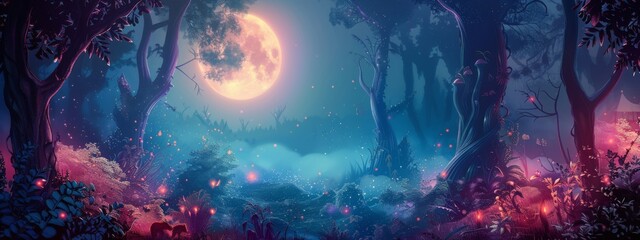 Wall Mural - a mystical, moonlit forest background with glowing plants and magical creatures.