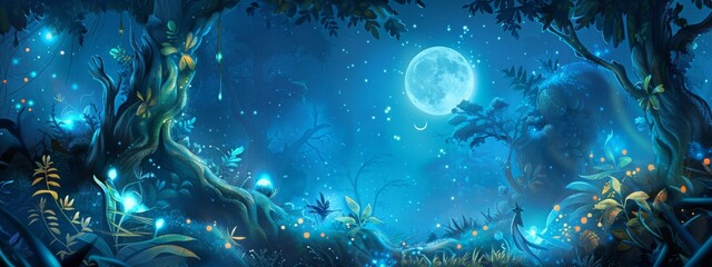 Wall Mural - a mystical, moonlit forest background with glowing plants and magical creatures