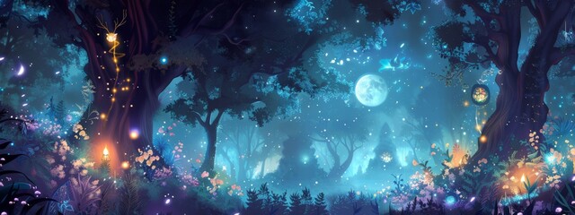 Wall Mural - a mystical, moonlit forest background with glowing plants and magical creatures.