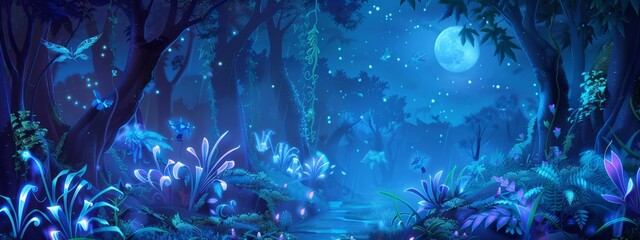 Wall Mural - a mystical, moonlit forest background with glowing plants and magical creatures