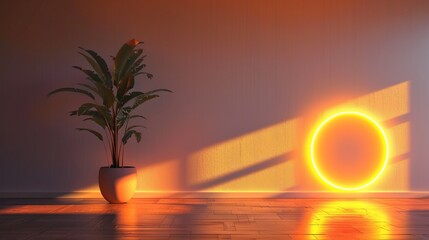 Wall Mural - empty room with orange circle light shining on the wall, a small single indoor plant