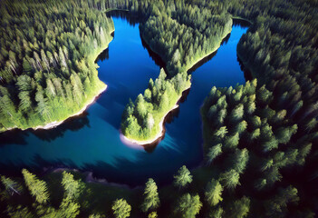 Wall Mural - 'Drone summer Finland day view blue Aerial lake sunny forests photography green Forest Aerial Finland Lake Nature View Green Summer Water Drone Sweden Above Overhead Canada Blue River Sky Background'