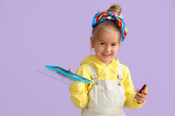 Poster - Cute little girl with paints and felt-tip pens on lilac background