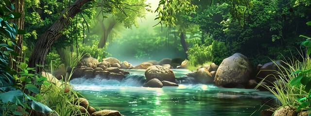 Wall Mural - A peaceful, riverbank background with gentle water flow and lush trees.