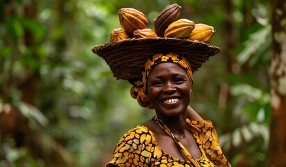 black woman smiling, collecting cocoa beans fresh in the forest, elephants in the background, label, chocolate business card, raw cocoa, Ivory Coast, Africa