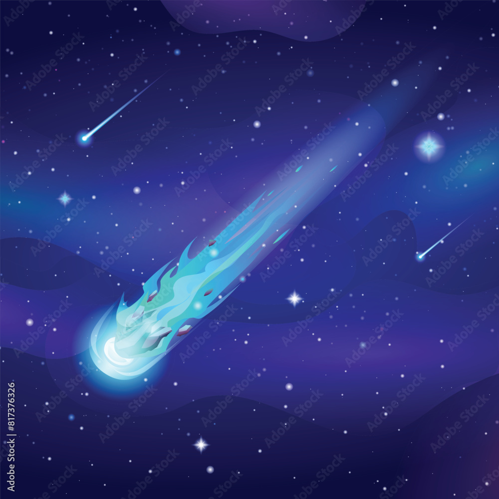 Comet falls with blue fire trail in the starry sky space. Asteroid or ...