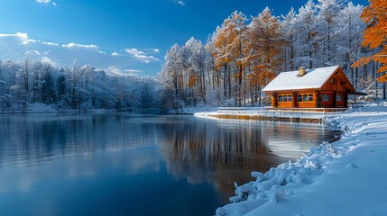 Wall Mural - A small cabin sits on the shore of a lake in winter.