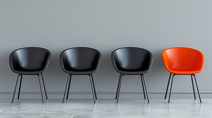 Chairs in a row. Black and Orange 3d Plastic chairs in front of a wall. Waiting room chairs.