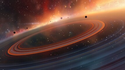 Wall Mural - An awe-inspiring depiction of a planetary ring system, with colorful bands of dust and ice encircling a distant gas giant in the depths of space.