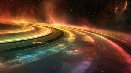 Wall Mural - An awe-inspiring depiction of a planetary ring system, with colorful bands of dust and ice encircling a distant gas giant in the depths of space.