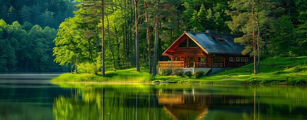 Wall Mural - A small cabin sits on the shore of a lake.