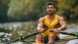 Close up of intense rower s face in final olympic race, capturing sports competition intensity