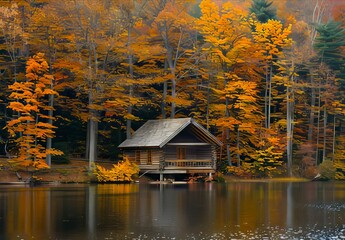 Wall Mural - A small cabin sits on the shore of a lake in the fall.