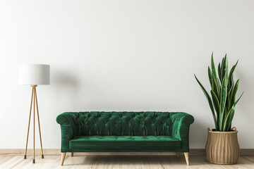 Wall Mural - Interior wall mockup with green velvet sofa snake plant in basket and standing lamp on empty white background. Illustration 3d rendering