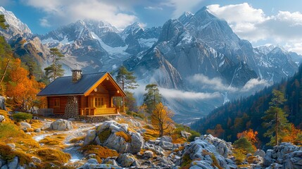 Wall Mural - A small cabin in the mountains with trees and rocks.