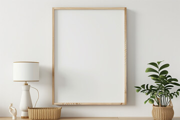 Wall Mural - Horizontal poster mockup with blank wooden frame in white interior with shelf basket lamp and green plant in pot on empty wall background. 3D rendering illustration