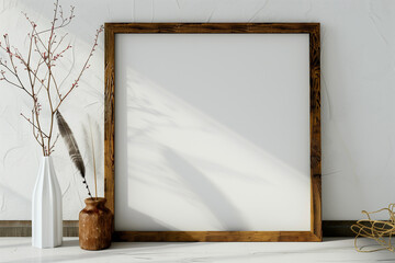 Sticker - Horizontal vintage poster mockup with wooden frame feather and twigs on empty white wall background. 3D rendering.