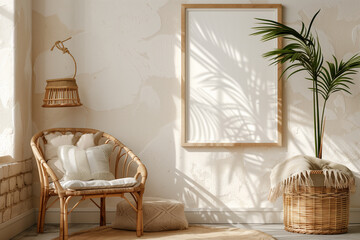 Sticker - Horizontal wooden frame mockup in warm neutral beige room interior with wicker armchair boho pillow palm plant in woven basket and jute rug with tassels. Illustration 3d rendering