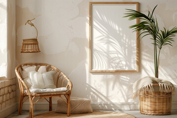 Canvas Print - Horizontal wooden frame mockup in warm neutral beige room interior with wicker armchair boho pillow palm plant in woven basket and jute rug with tassels. Illustration 3d rendering