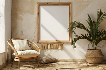 Wall Mural - Horizontal wooden frame mockup in warm neutral beige room interior with wicker armchair boho pillow palm plant in woven basket and jute rug with tassels. Illustration 3d rendering