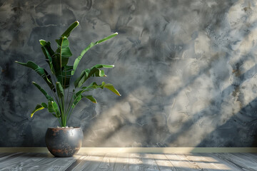Wall Mural - Interior background of room with gray stucco wall and pot with plant 3d rendering